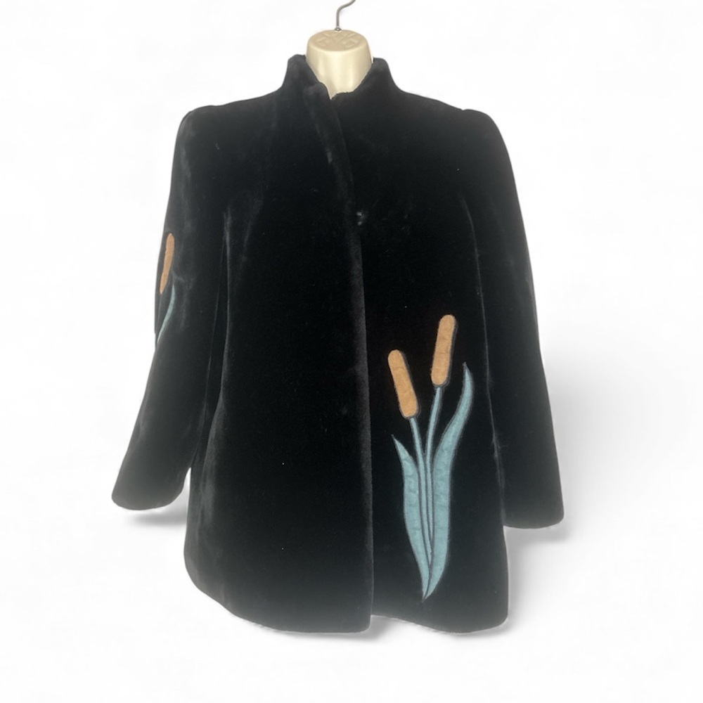 Black Faux Fur Jacket With Cattail Appliqu